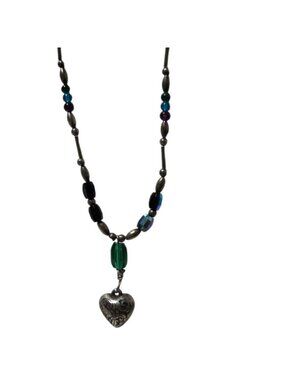 Vintage Beaded Necklace Silver Heart Pendant Green Iridescent Boho Artisan